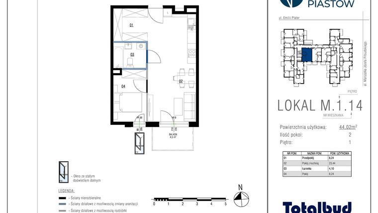 Rzut - Mieszkanie na sprzedaż 2 pokoje o powierzchni 44,02 m² - numer M.1.14 w Viva Piastów