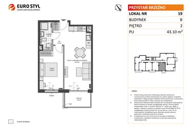 Rzut - Mieszkanie na sprzedaż 2 pokoje o powierzchni 43,1 m² - numer B19 w Przystań Brzeźno etap 1.2