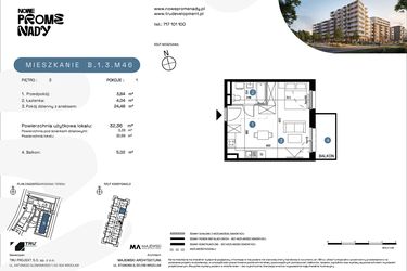 Rzut - Mieszkanie na sprzedaż 1 pokój o powierzchni 32,36 m² - numer B.1.3.M46 w Nowe Promenady etap II