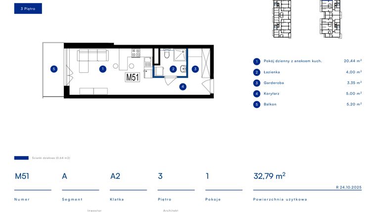Rzut - Mieszkanie na sprzedaż 1 pokój o powierzchni 32,79 m² - numer 51A w Przy Bursztynowej