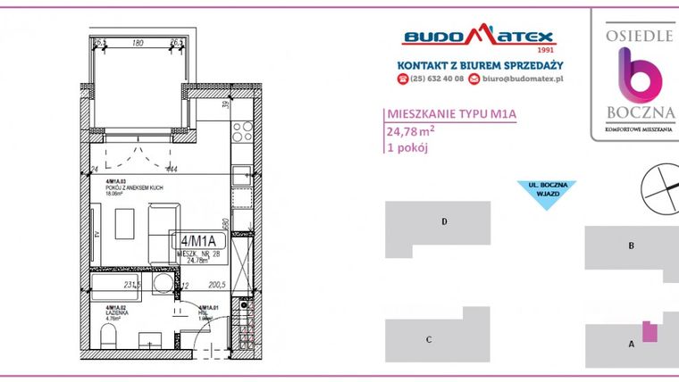 Rzut - Mieszkanie na sprzedaż 1 pokój o powierzchni 24,78 m² - numer AM1A w Boczna