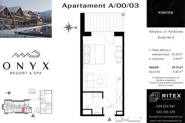 Rzut - Mieszkanie na sprzedaż 1 pokój o powierzchni 27,71 m² - numer 00.A3 w Onyx Resort & Spa