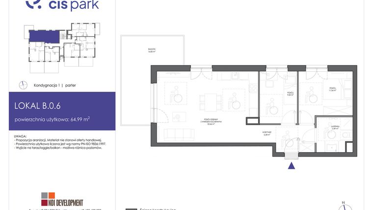 Rzut - Mieszkanie na sprzedaż 3 pokoje o powierzchni 64,99 m² - numer B.0.6 w CIS Park