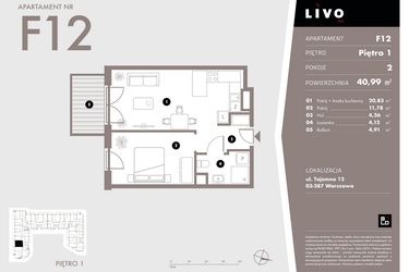 Rzut - Mieszkanie na sprzedaż 2 pokoje o powierzchni 40,99 m² - numer F12 w Livo