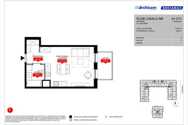 Rzut - Mieszkanie na sprzedaż 1 pokój o powierzchni 32,92 m² - numer A1 013 w Osiedle Bociana 5