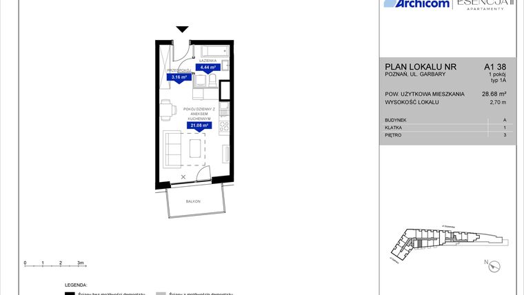 Rzut - Mieszkanie na sprzedaż 1 pokój o powierzchni 28,6 m² - numer A1.38 w Apartamenty Esencja II