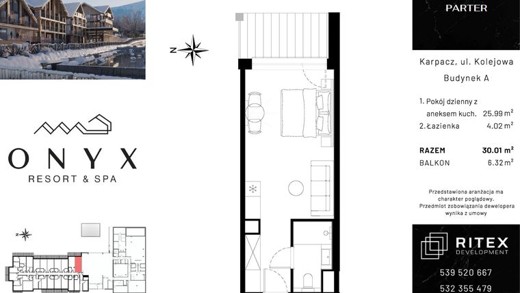 Rzut - Mieszkanie na sprzedaż 1 pokój o powierzchni 30,01 m² - numer 00.A18 w Onyx Resort & Spa