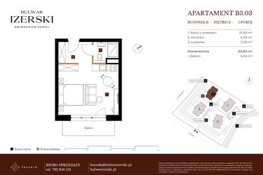 Rzut - Mieszkanie na sprzedaż 1 pokój o powierzchni 30,6 m² - numer B3.03 w Bulwar Izerski