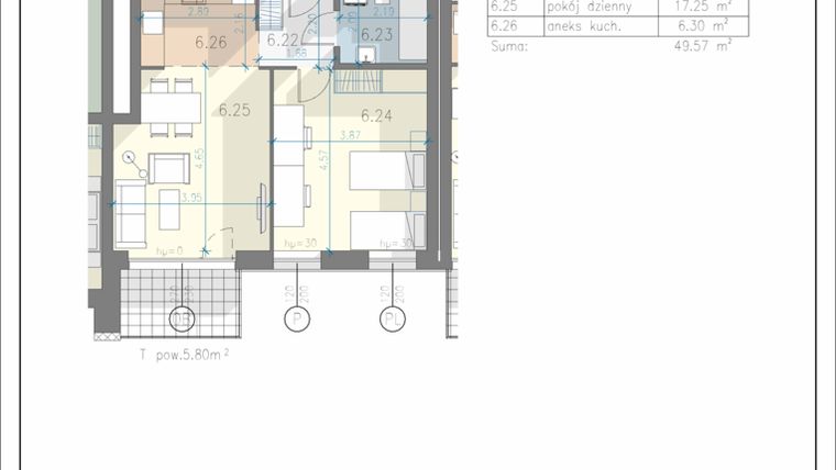 Rzut - Mieszkanie na sprzedaż 2 pokoje o powierzchni 49,57 m² - numer 44 w Residence Przewóz 41