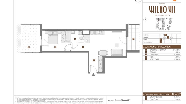 Rzut - Mieszkanie na sprzedaż 2 pokoje o powierzchni 44,27 m² - numer C.101 w Osiedle Wilno VII etap 3
