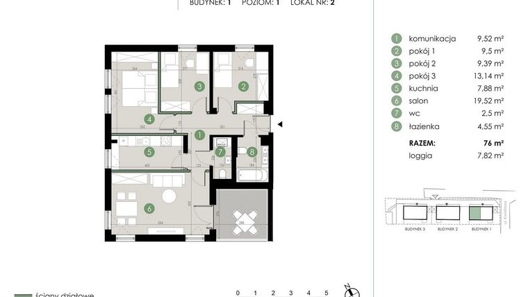 Rzut - Mieszkanie na sprzedaż 4 pokoje o powierzchni 76 m² - numer 1.2. w Osiedle Kwiatowa