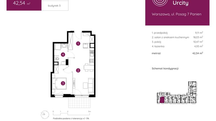 Rzut - Mieszkanie na sprzedaż 2 pokoje o powierzchni 42,54 m² - numer 3.B.0.05 w Murapol Urcity