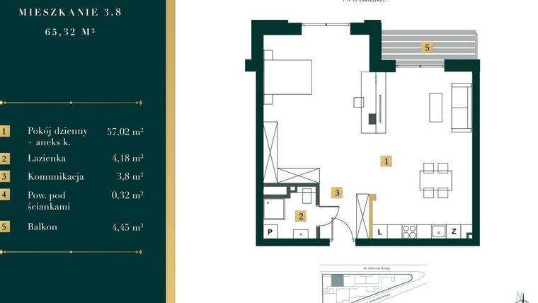 Rzut - Mieszkanie na sprzedaż 1 pokój o powierzchni 64,46 m² - numer 3.8 w New Iron