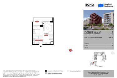 Rzut - Mieszkanie na sprzedaż 1 pokój o powierzchni 34,45 m² - numer B1.4 w Modern Mokotów