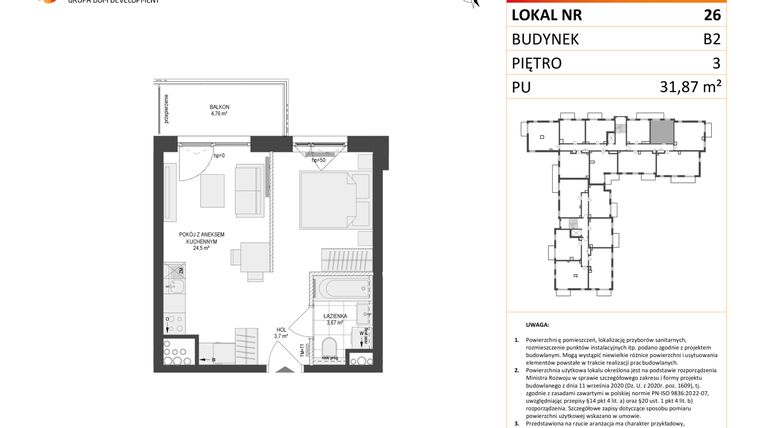 Rzut - Mieszkanie na sprzedaż 1 pokój o powierzchni 31,87 m² - numer 26 w Locus 2 bud. B2