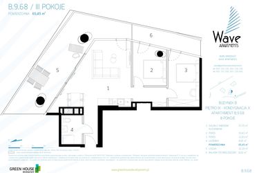 Rzut - Mieszkanie na sprzedaż 3 pokoje o powierzchni 66,09 m² - numer B.9.68 w Wave Międzyzdroje Resort & Spa