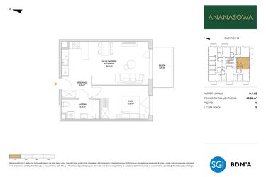 Rzut - Mieszkanie na sprzedaż 2 pokoje o powierzchni 49,08 m² - numer D.1.02 w Ananasowa