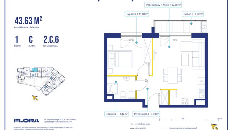 Rzut - Mieszkanie na sprzedaż 2 pokoje o powierzchni 43,63 m² - numer 2.C.6 w Piotra 4