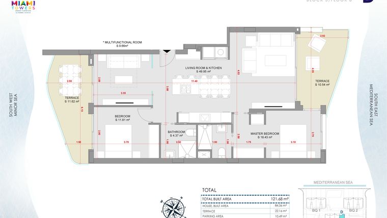 Rzut - Mieszkanie na sprzedaż 3 pokoje o powierzchni 121,68 m² - numer P8-BL3-D w Miami Towers