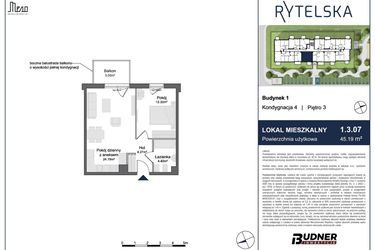 Rzut - Mieszkanie na sprzedaż 2 pokoje o powierzchni 45,19 m² - numer 1.3.07 w Rytelska