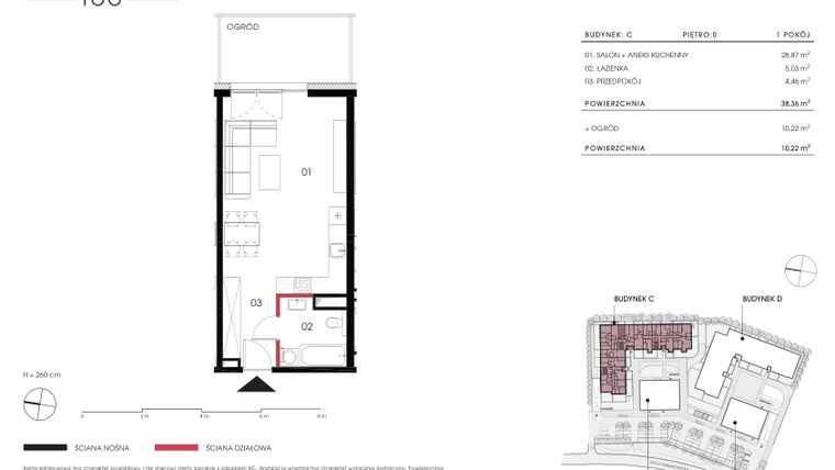 Rzut - Mieszkanie na sprzedaż 1 pokój o powierzchni 38,36 m² - numer C 0.08 w Naramowicka 100
