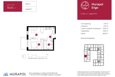 Rzut - Mieszkanie na sprzedaż 1 pokój o powierzchni 36,63 m² - numer 1.C.1.07 w Murapol Ergo