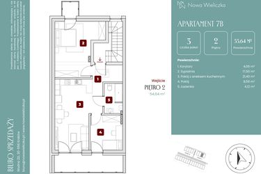 Rzut - Mieszkanie na sprzedaż 3 pokoje o powierzchni 55,69 m² - numer 7B w Nowa Wieliczka