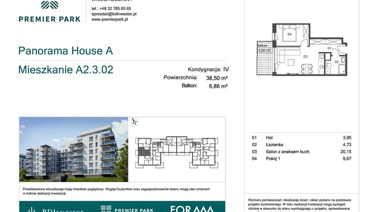 Rzut - Mieszkanie na sprzedaż 2 pokoje o powierzchni 38,5 m² - numer A2.3.02 w Premier Park II