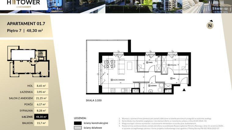 Rzut - Mieszkanie na sprzedaż 3 pokoje o powierzchni 48,3 m² - numer Hi 01.7 w Hi Tower