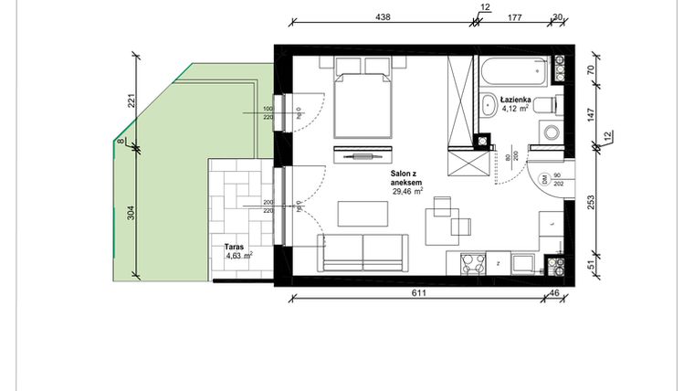 Rzut - Mieszkanie na sprzedaż 1 pokój o powierzchni 33,58 m² - numer B.0.19.1a w ATRIUM