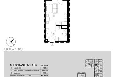 Rzut - Mieszkanie na sprzedaż 1 pokój o powierzchni 27,6 m² - numer M1.1.06 w Modern Helenów