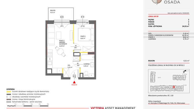 Rzut - Mieszkanie na sprzedaż 2 pokoje o powierzchni 34,93 m² - numer E.99 w Piastova Osada