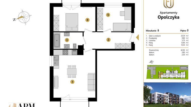 Rzut - Mieszkanie na sprzedaż 3 pokoje o powierzchni 62,94 m² - numer M8 w Apartamenty Opolczyka