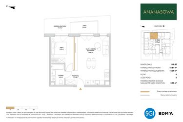 Rzut - Mieszkanie na sprzedaż 2 pokoje o powierzchni 44,39 m² - numer D.0.07 w Ananasowa