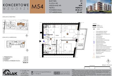 Rzut - Mieszkanie na sprzedaż 2 pokoje o powierzchni 34,46 m² - numer C1_M54 w Koncertowe Wzgórze etap II