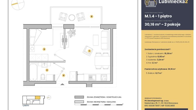 Rzut - Mieszkanie na sprzedaż 2 pokoje o powierzchni 30,16 m² - numer M.1.4 w Lubiniecka 2