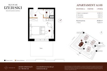 Rzut - Mieszkanie na sprzedaż 1 pokój o powierzchni 30,58 m² - numer A1.03 w Bulwar Izerski