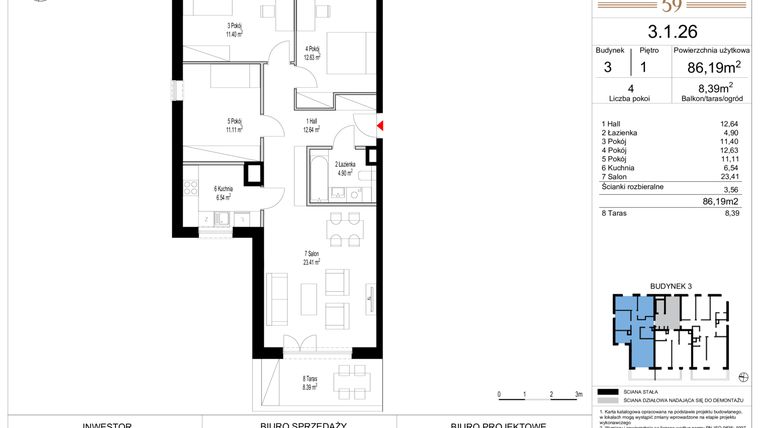 Rzut - Mieszkanie na sprzedaż 4 pokoje o powierzchni 86,19 m² - numer 3.1.26 w Włodarzewska 59