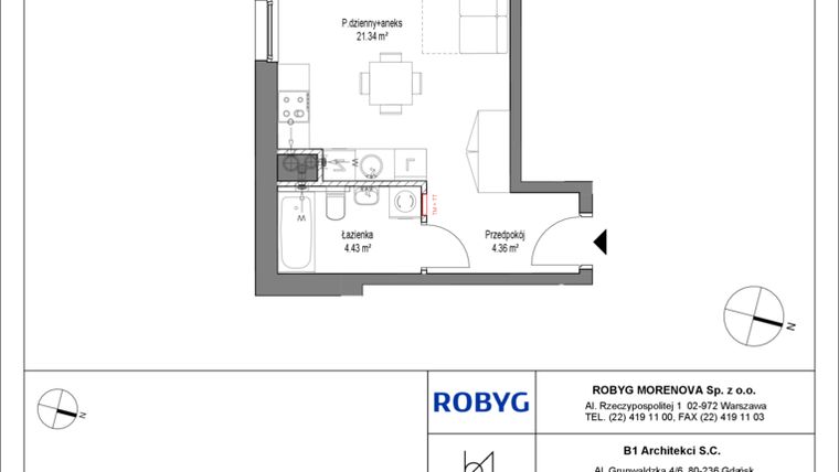 Rzut - Mieszkanie na sprzedaż 1 pokój o powierzchni 30,13 m² - numer A.2M04 w Leszczyńskich 2
