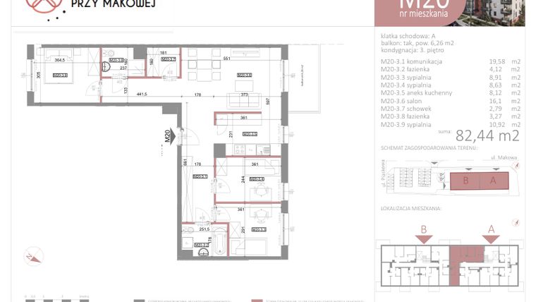 Rzut - Mieszkanie na sprzedaż 4 pokoje o powierzchni 82,44 m² - numer 20 w Przy Makowej