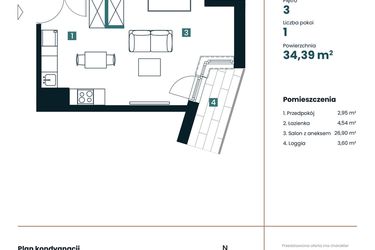 Rzut - Mieszkanie na sprzedaż 1 pokój o powierzchni 34,39 m² - numer M301 w Sea Breeze