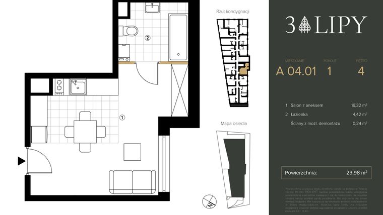 Rzut - Mieszkanie na sprzedaż 1 pokój o powierzchni 23,98 m² - numer A.04.01 w 3 lipy