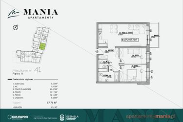 Rzut - Mieszkanie na sprzedaż 3 pokoje o powierzchni 67,76 m² - numer 41 w MANIA Apartamenty
