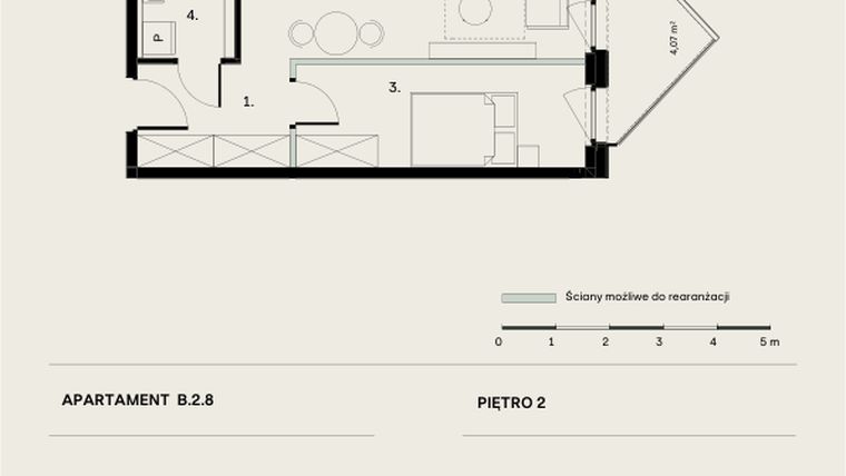Rzut - Mieszkanie na sprzedaż 2 pokoje o powierzchni 37,25 m² - numer B/2/8 w Ogrodowa 12