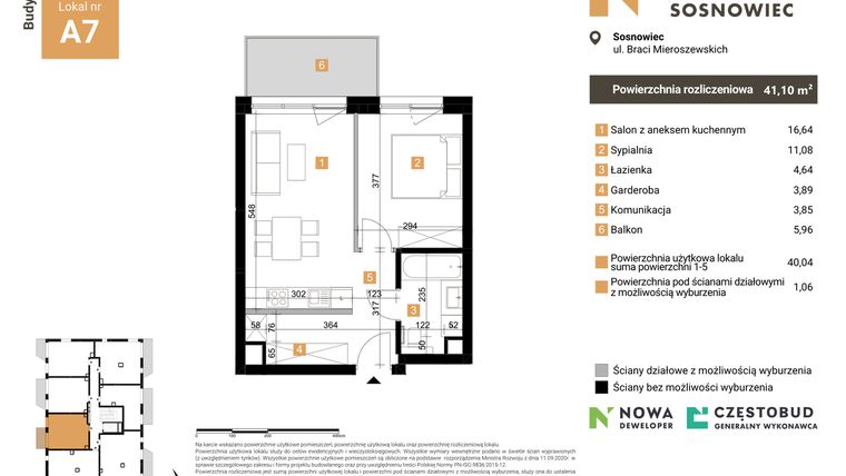 Rzut - Mieszkanie na sprzedaż 2 pokoje o powierzchni 41,1 m² - numer A7 w Nowy Sosnowiec