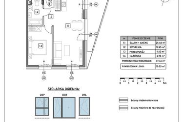 Rzut - Mieszkanie na sprzedaż 2 pokoje o powierzchni 47,46 m² - numer A.3.4 w GreenLine