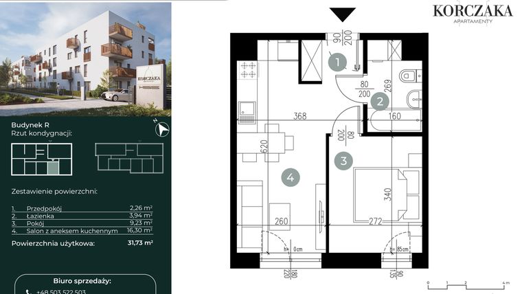 Rzut - Mieszkanie na sprzedaż 2 pokoje o powierzchni 31,73 m² - numer R.II.03 w Korczaka Apartamenty