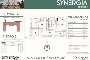 Rzut - Mieszkanie na sprzedaż 4 pokoje o powierzchni 58,39 m² - numer M14 w SYNERGIA