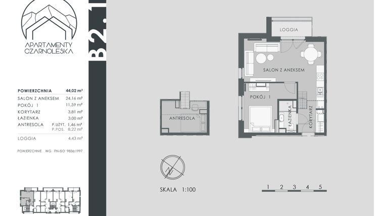 Rzut - Mieszkanie na sprzedaż 2 pokoje o powierzchni 44,02 m² - numer B2.1 w Apartamenty Czarnoleska