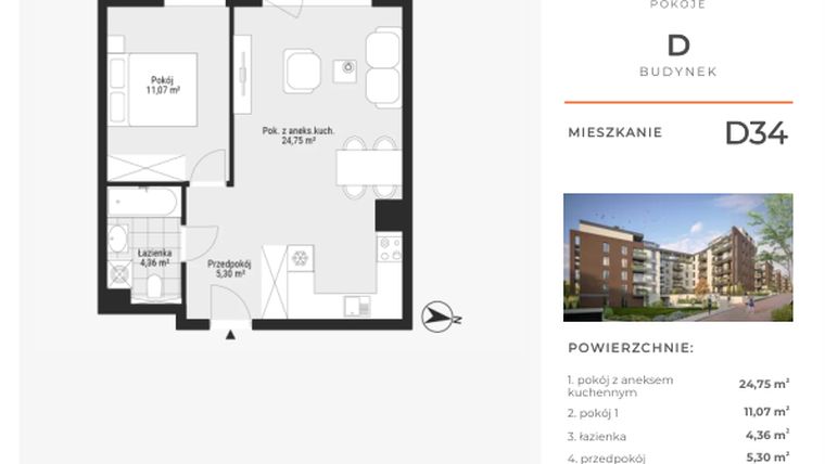 Rzut - Mieszkanie na sprzedaż 2 pokoje o powierzchni 45,48 m² - numer D34 w Na Koszutce II